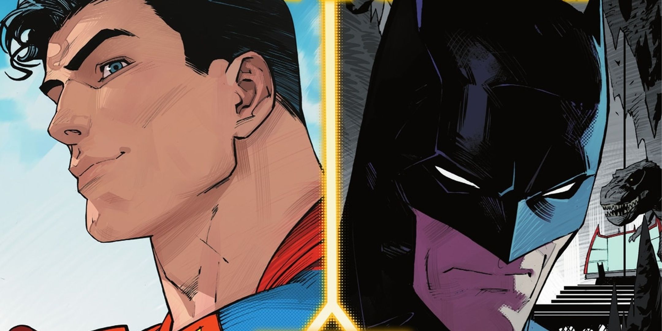 Capa de World's Finest mostrando uma imagem dividida de Superman e Batman