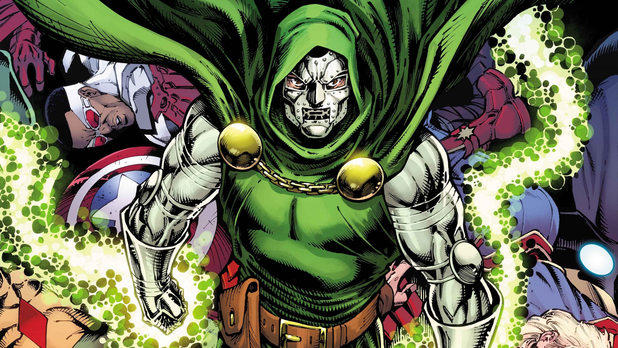 Doutor Destino parado sobre os Vingadores derrotados em capa variante dos quadrinhos