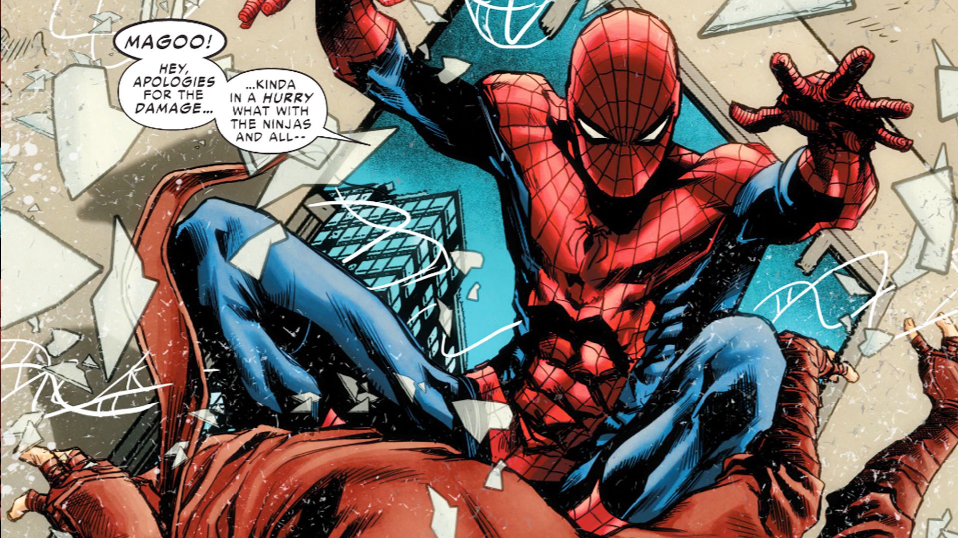 Homem-Aranha e um ninja de A Mão atravessam uma janela