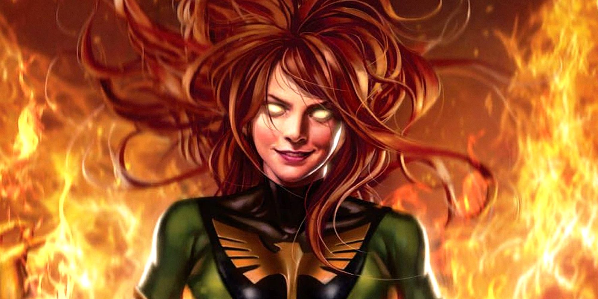 Jean Grey sorri enquanto possuída pela Força Fênix em capa dos quadrinhos da Marvel