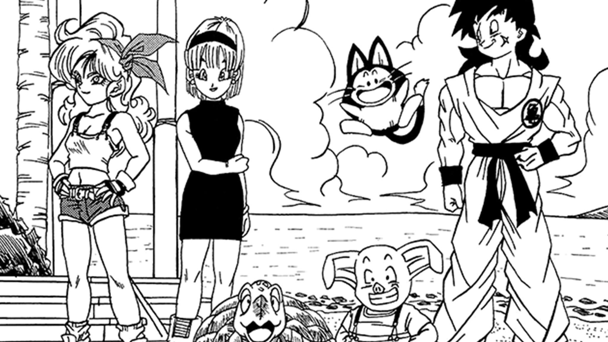 Lunch, Bulma, Yamcha e a turma recebem Mestre Kame no final de Dragon Ball AF