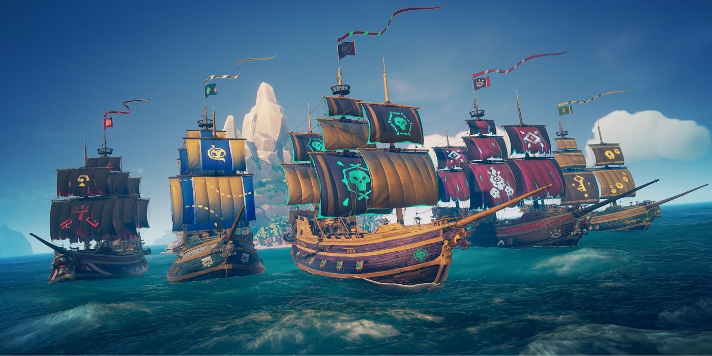 Navios velejando em Sea of Thieves