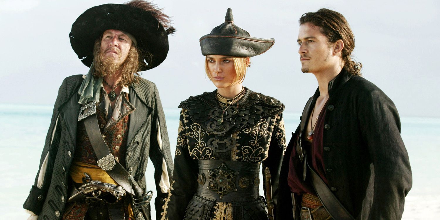 Geoffrey Rush, Keira Knightley e Orlando Bloom em Piratas do Caribe: No Fim do Mundo