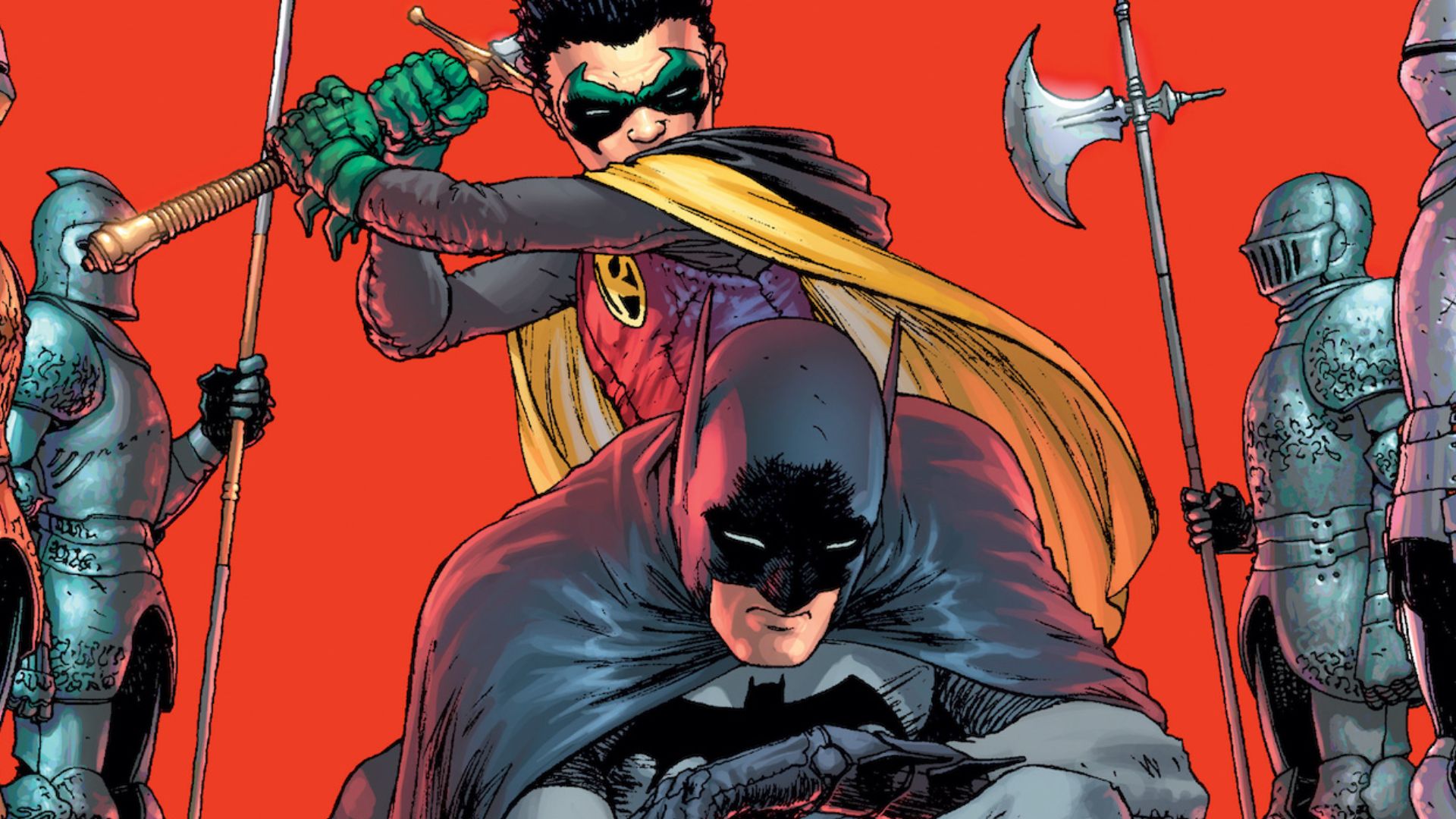 Robin se aproxima de Batman por trás com uma espada