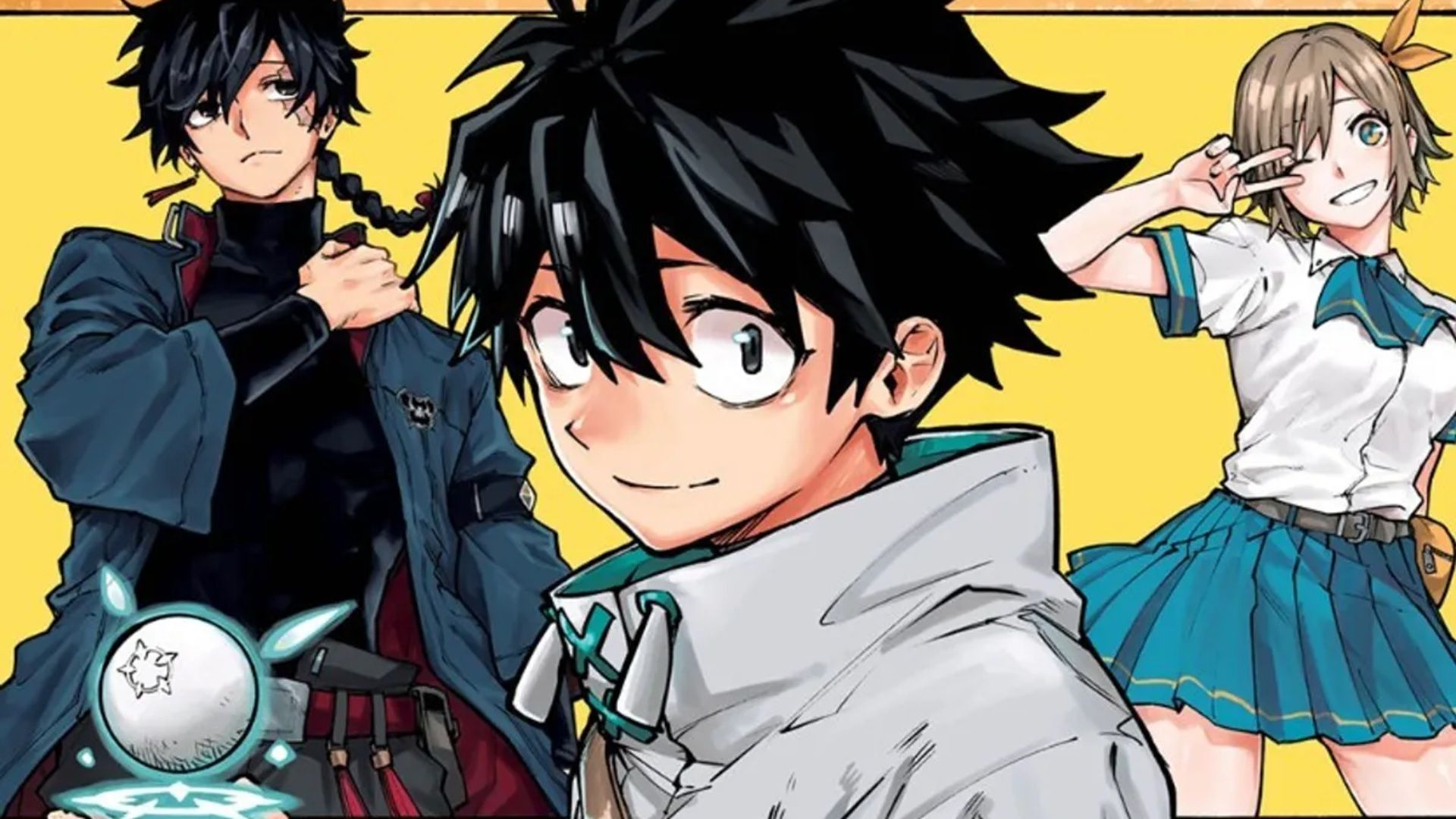 Jien ajustando o ombro, Kinato sorrindo e Linae fazendo o sinal de paz em "A Magia de Kinato".