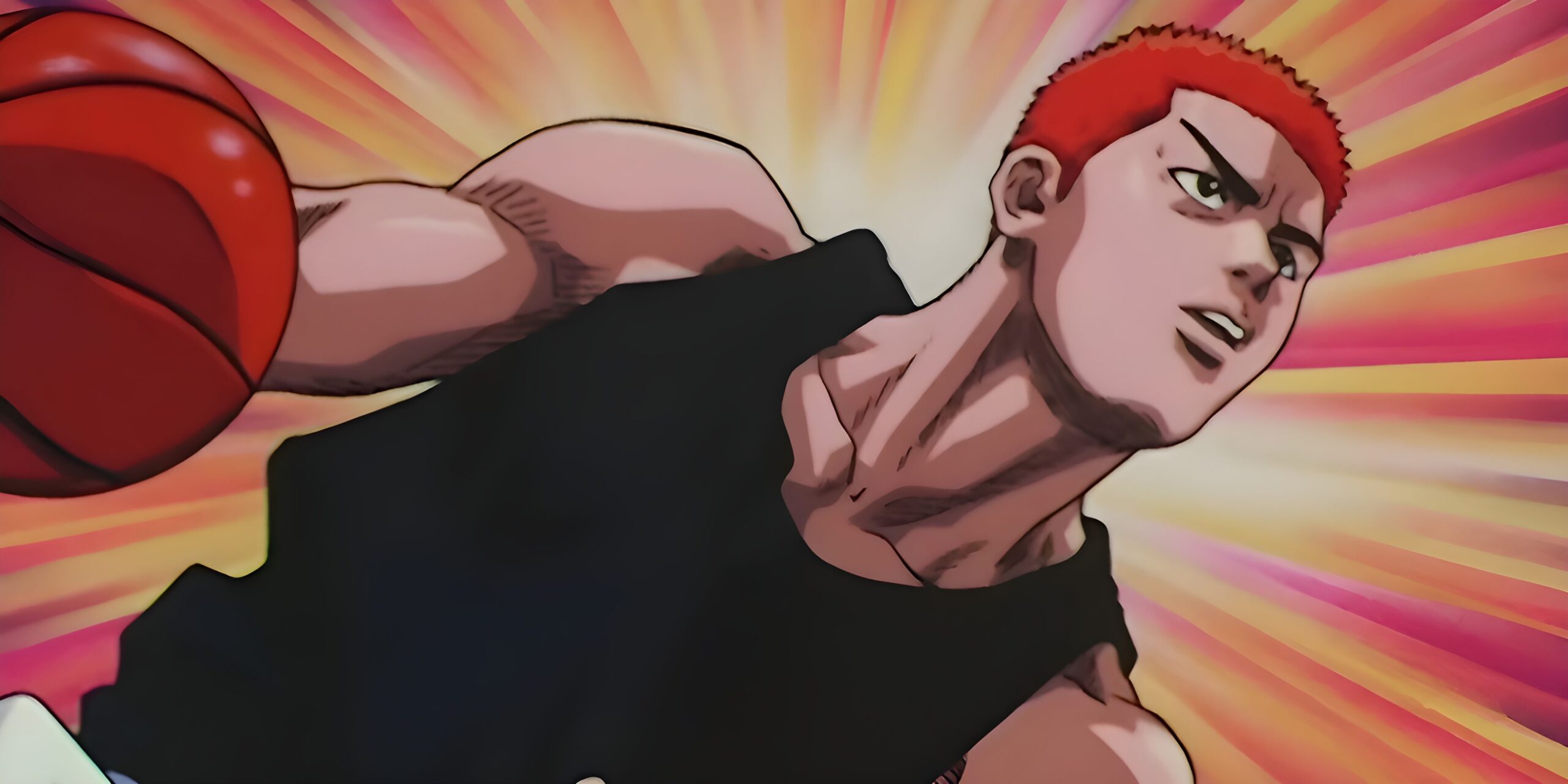 Hanamichi Sakuragi driblando uma bola de basquete em Slam Dunk