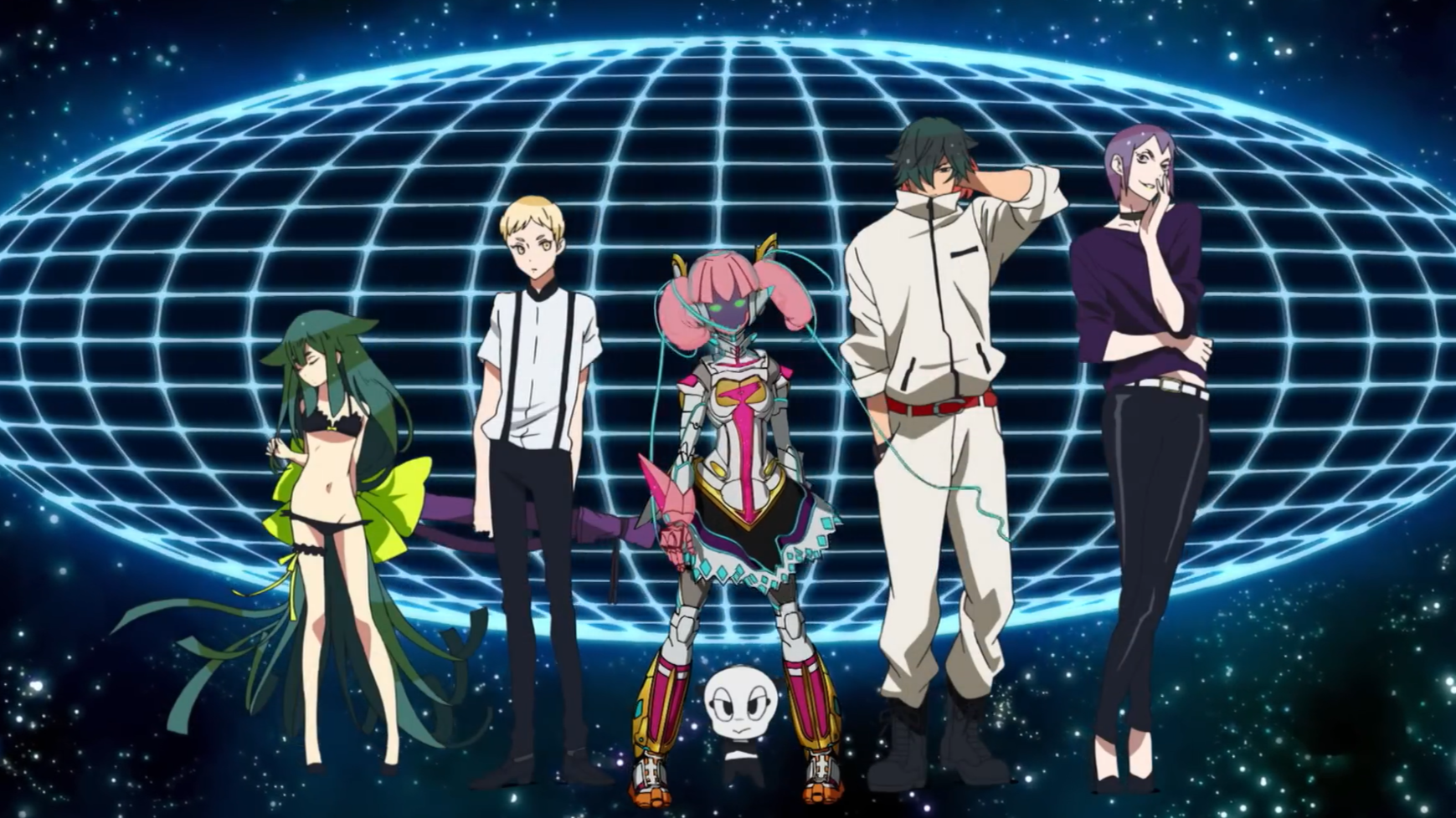 Os personagens principais de Gatchaman Crowds em pose