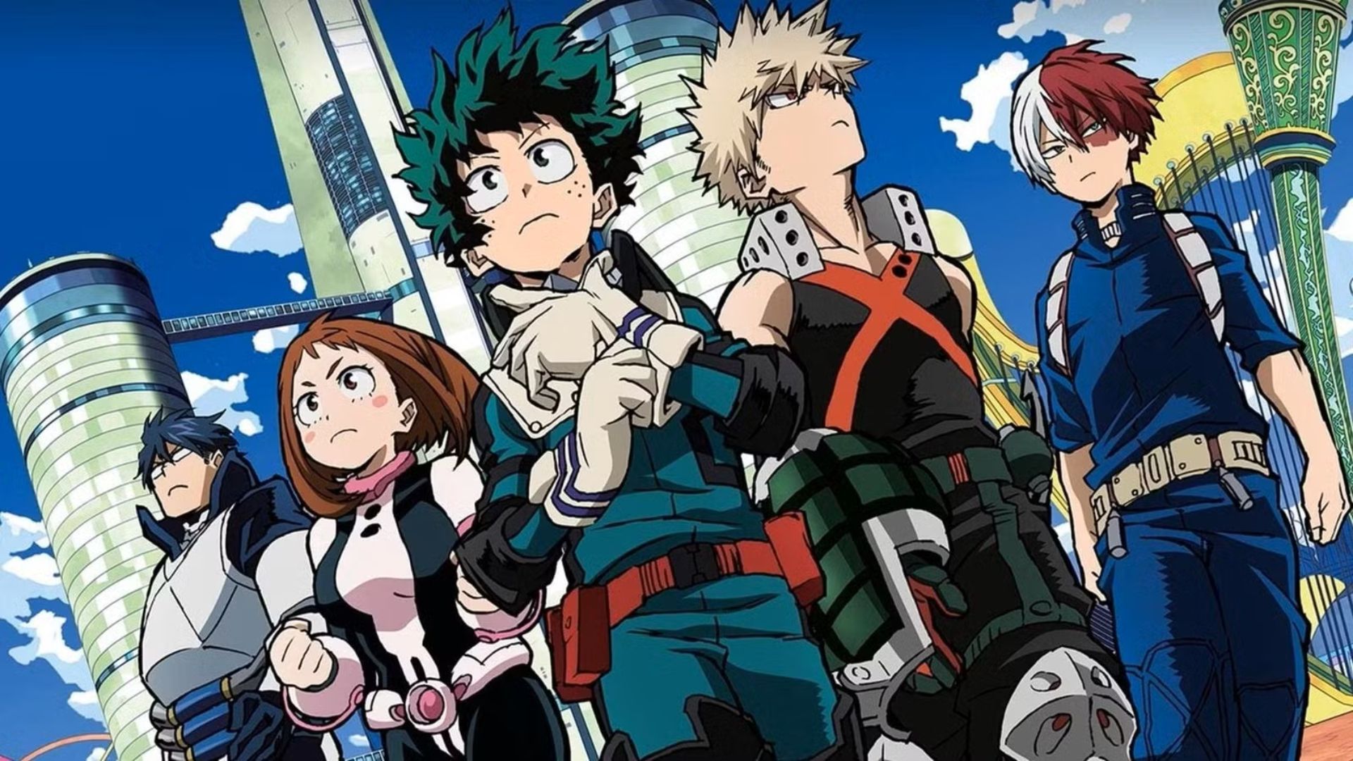Tenya, Ochaco, Izuku, Bakugo e Shoto de My Hero Academia em trajes de herói