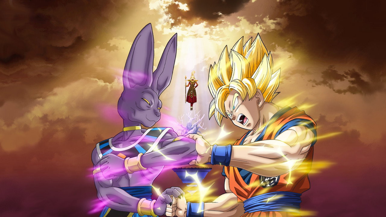 Bills, o Deus da Destruição, e Goku em Super Saiyajin em Dragon Ball Z: A Batalha dos Deuses