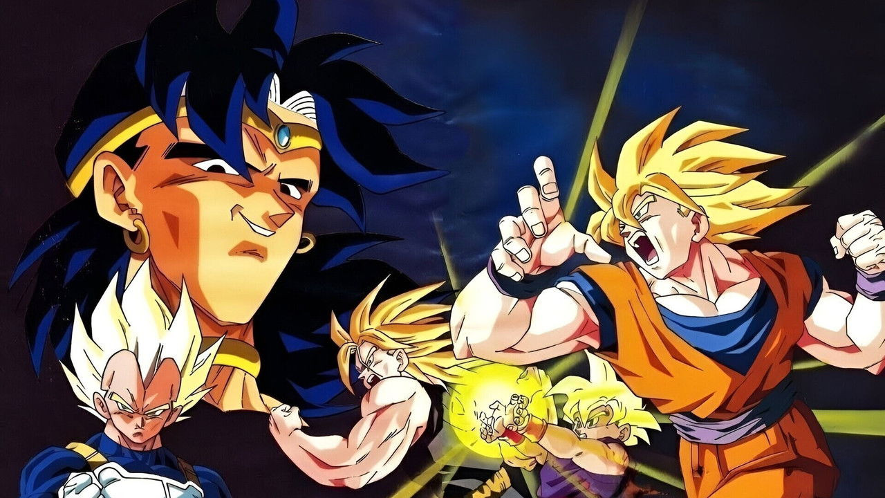 Broly, Goku, Vegeta, Gohan e Trunks na arte de Dragon Ball Z: O Poder Invencível