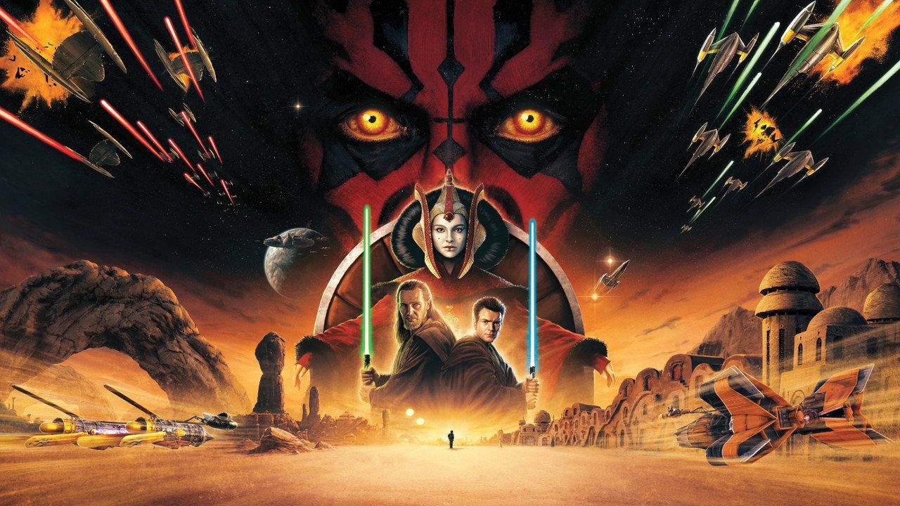 Darth Maul, Padmé, Qui-Gon Jinn e Obi-Wan na arte de Star Wars: A Ameaça Fantasma