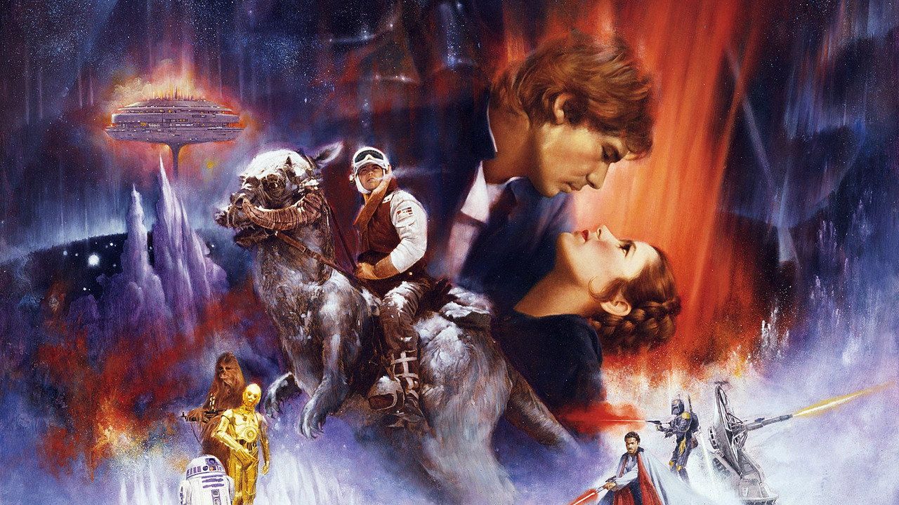 Han Solo, Leia, Luke em um tauntaun e Darth Vader na arte de Star Wars: O Império Contra-Ataca