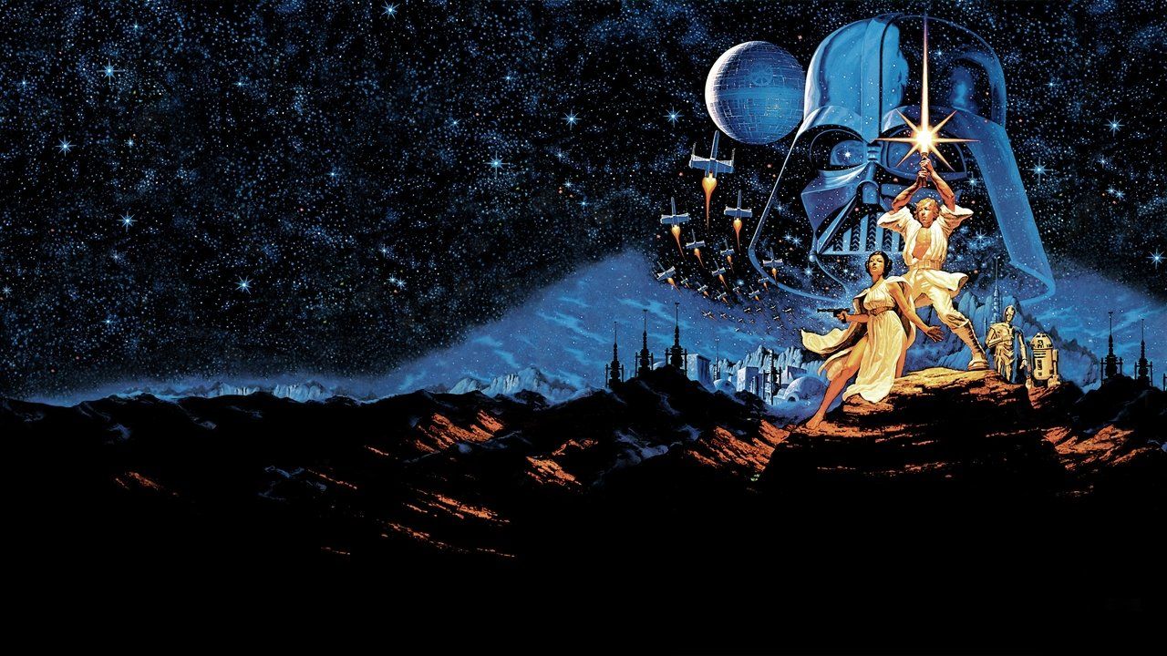 Luke Skywalker, Leia e Darth Vader na arte clássica de Star Wars: Uma Nova Esperança