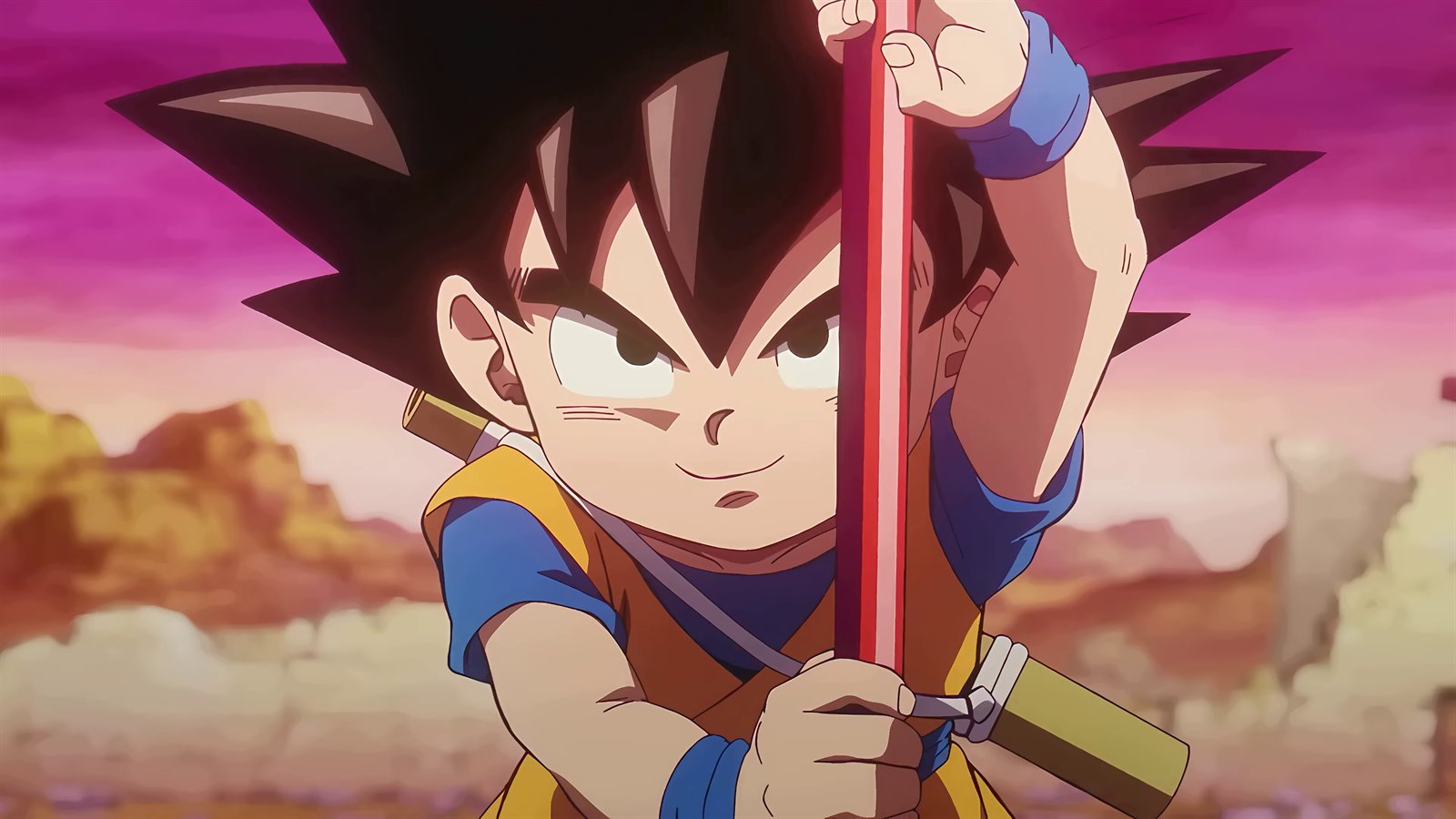 Goku criança segurando o Bastão Mágico com o céu roxo ao fundo em Dragon Ball Daima