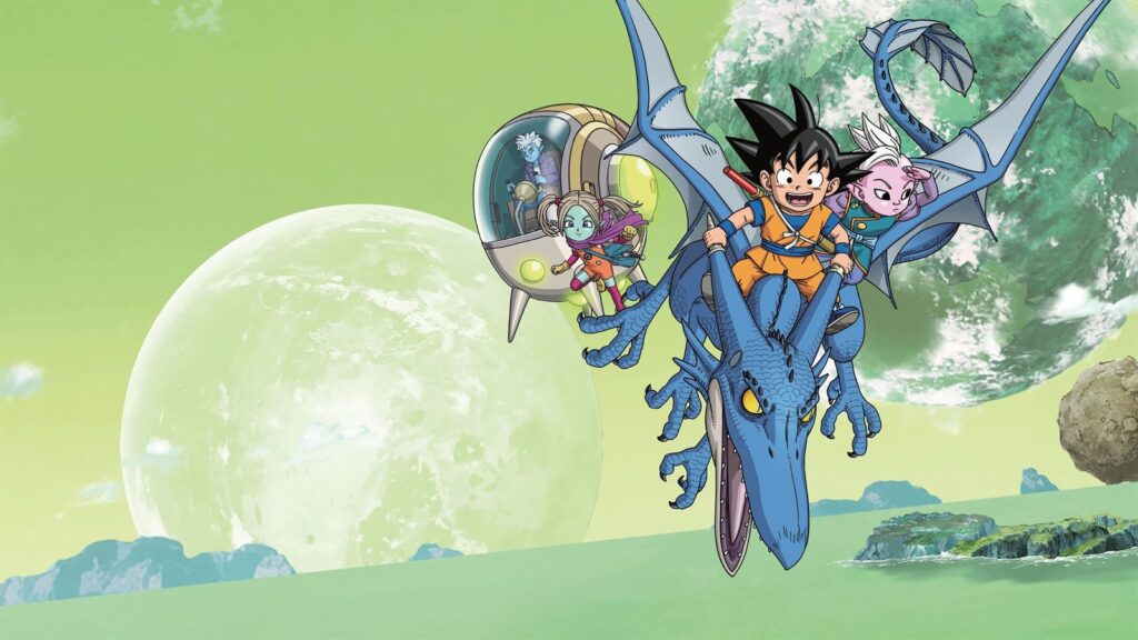 Goku criança voando em um dragão azul com o Kaioshin, Glorio e Panzy em Dragon Ball Daima