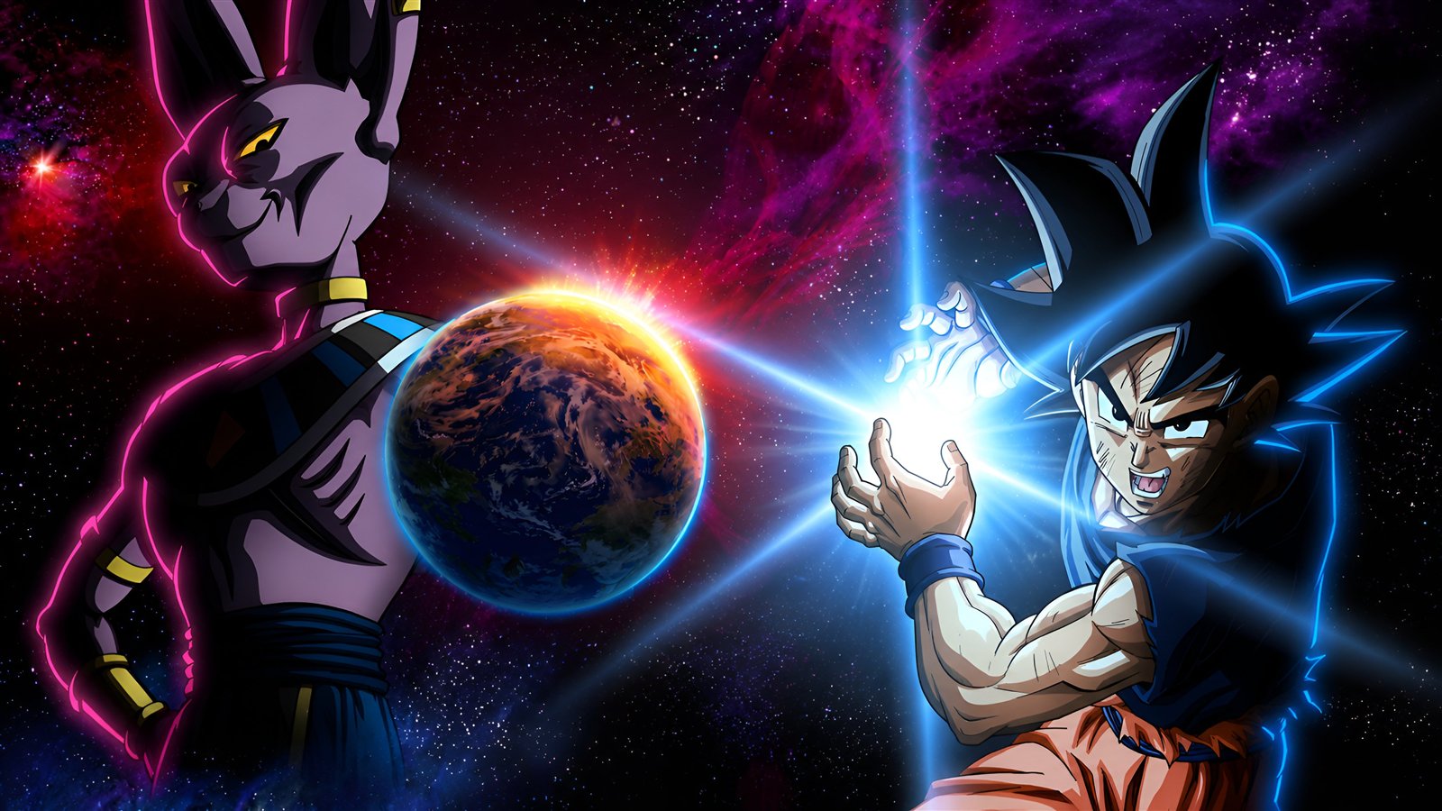 Beerus, o Deus da Destruição, e Goku com a Terra entre os dois, em Dragon Ball Super: Beerus