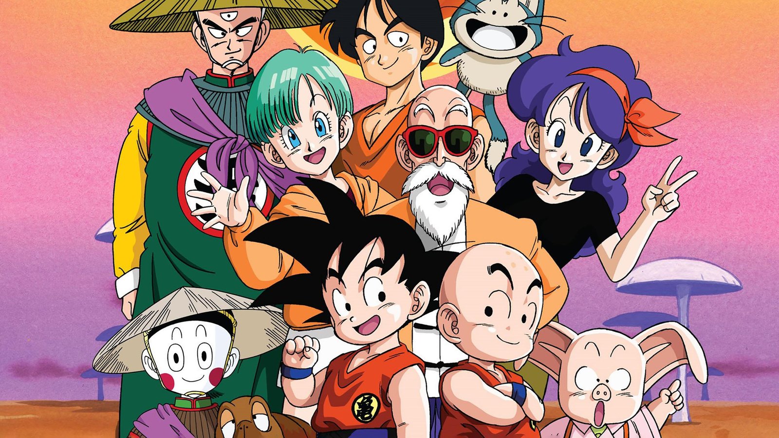 Goku criança, Bulma, Mestre Kame e os personagens do anime Dragon Ball