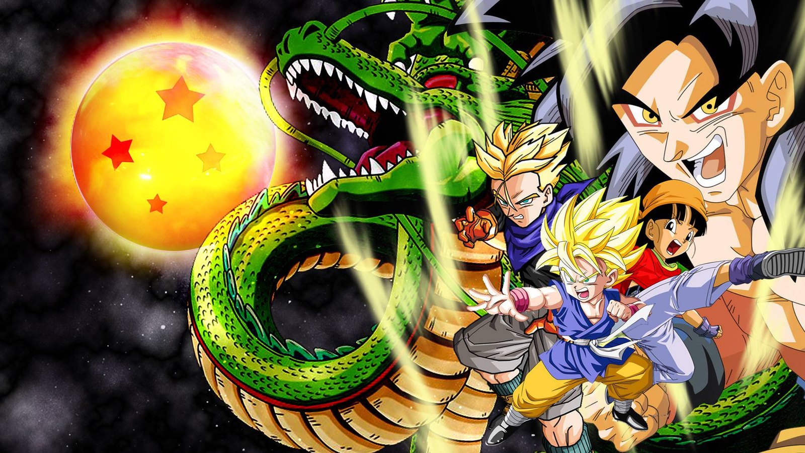 Goku, Pan e Trunks com Shenlong em Dragon Ball GT