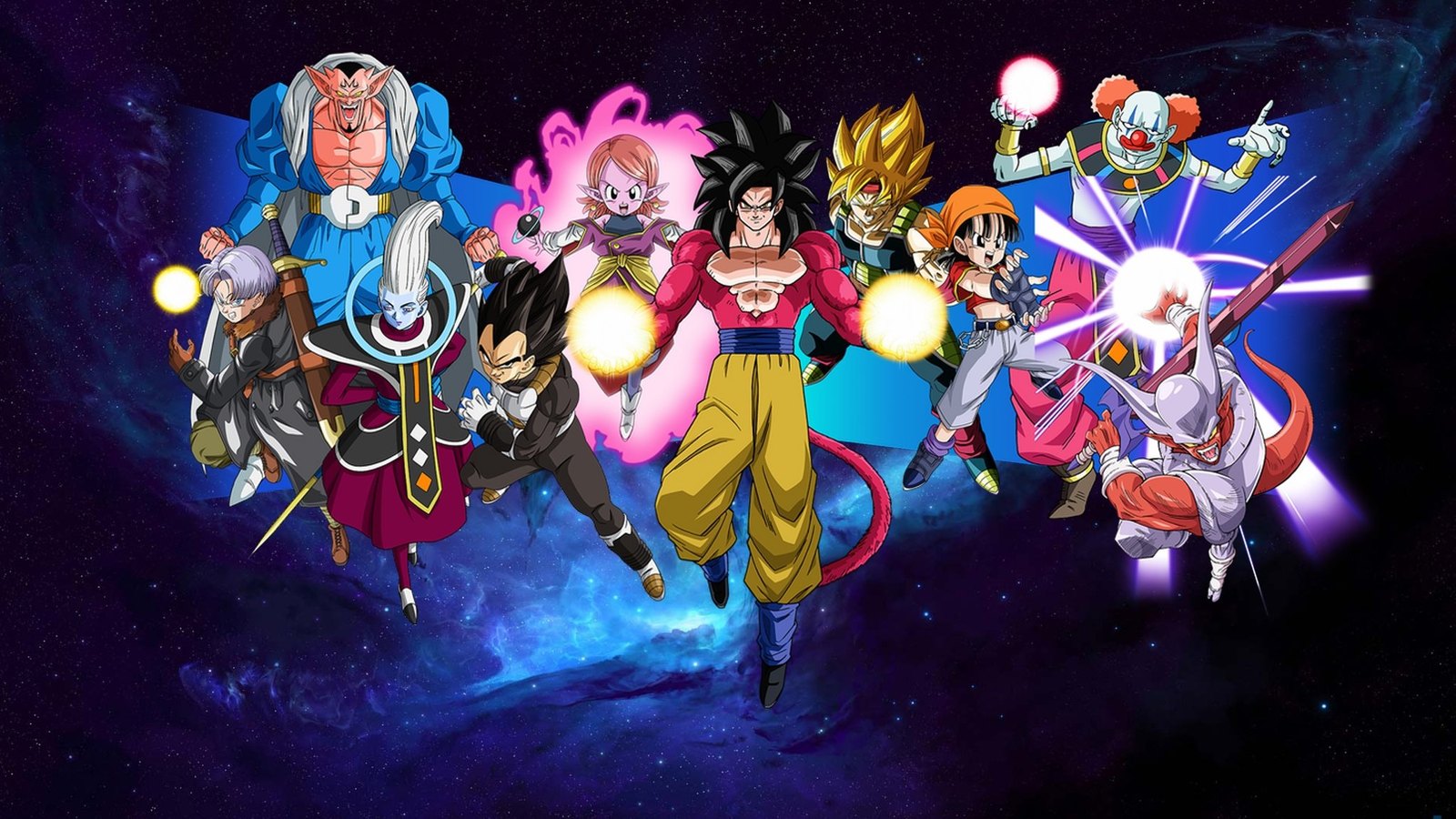 Goku Xeno em Super Saiyajin 4 e os personagens de Super Dragon Ball Heroes