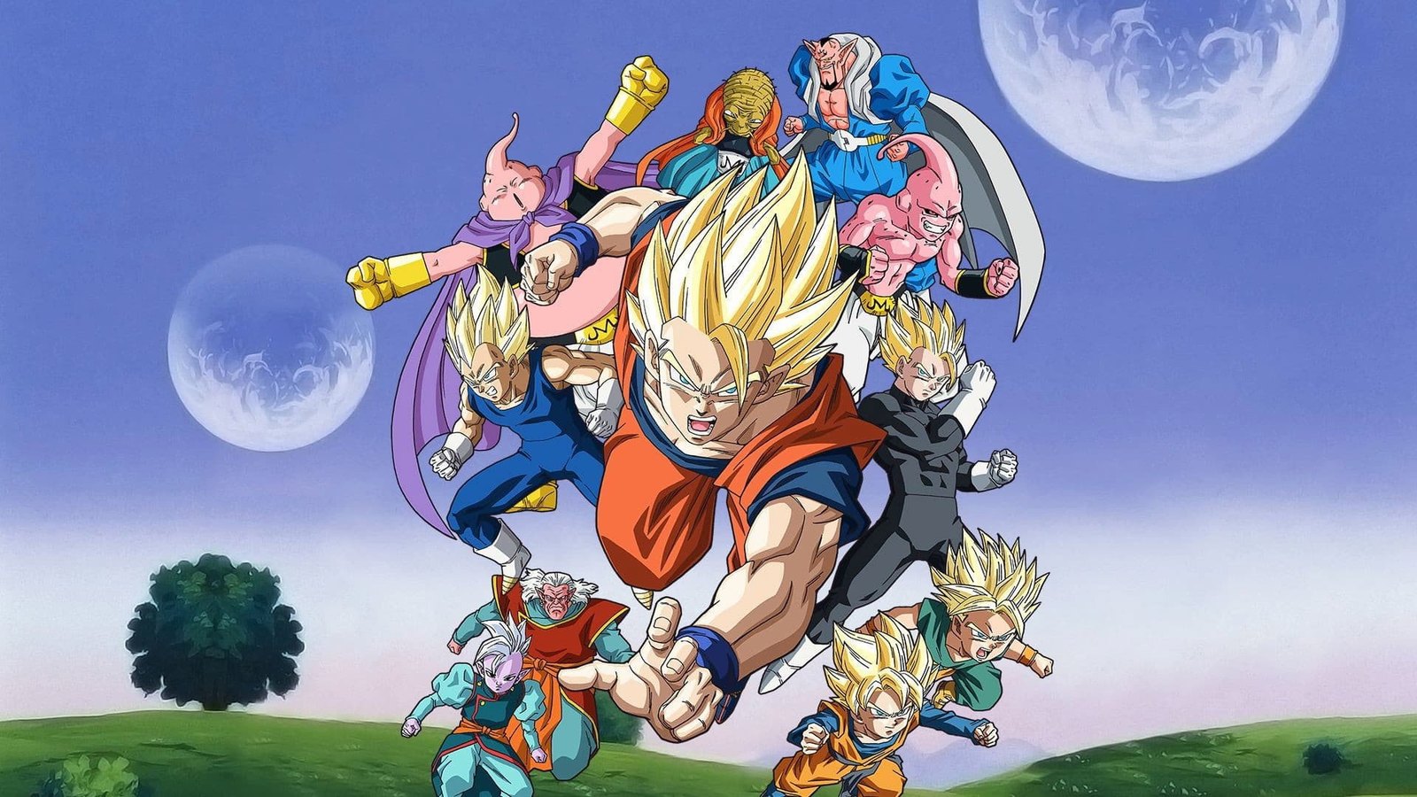 Goku, Vegeta, Gohan e os personagens da Saga de Majin Boo em Dragon Ball Kai